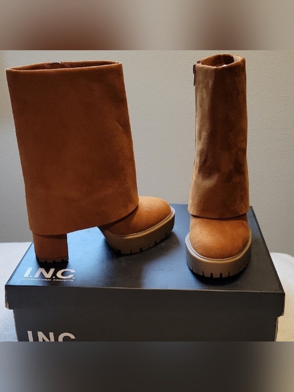 INC Acelina Faux Suede Cognac Cuff  Platform Mid-Calf Boots, NIB
